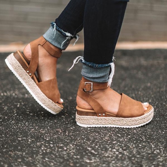 Vegan Leather Tan Ankle Buckle Espadrille Wedge - Picture 8 of 8